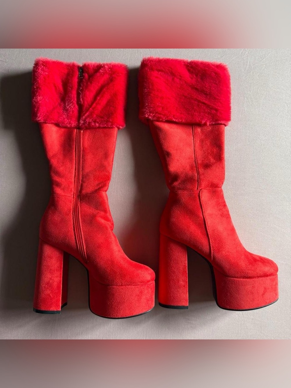 Red Suede Faux Fur-Trim Platform Boots